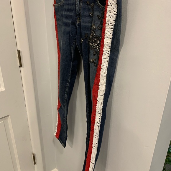 Italian Vibrant Red and White Skinny Beaded Jeans Sequence Side Accents - Picture 6 of 16
